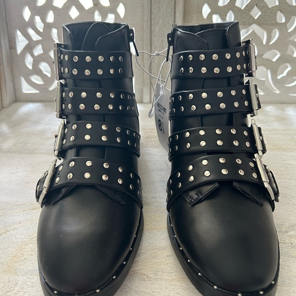 NWT Mossimo Supply Co. Black Studded Moto Boots Buckles Silver Metal 8.5 NEW - Picture 2 of 9